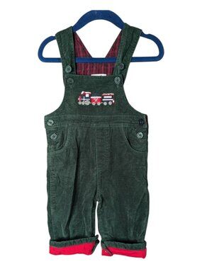 Kitestrings by Hartstrings Green Corduroy Overalls Embroidered Train 3/6 Months